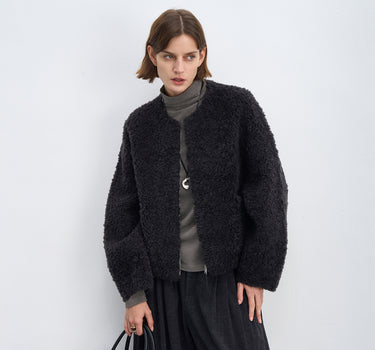 Fluffy Wool Zip-Up Crew Neck Coat