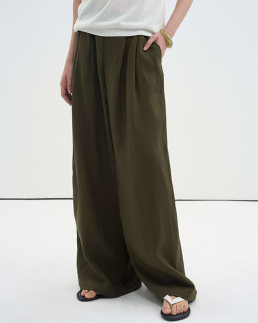 Linen Blend Textured Pleated Wide-Leg Pants