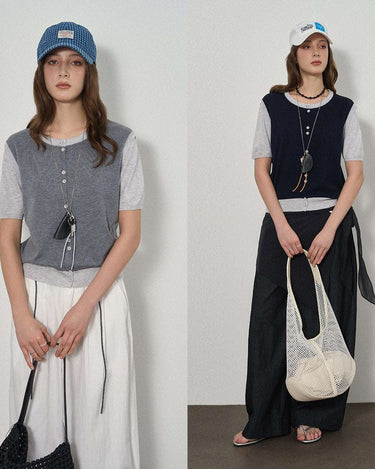 Faux Two-Piece Knit Short-Sleeve Top