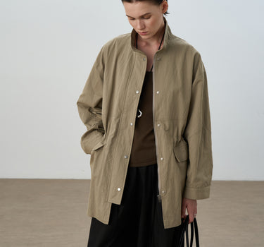 Mid-Length Casual Jacket with Stand Collar & Drawstring Waist