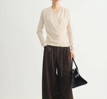 Women’s V-Neck Wrap Knit Sweater with Side Pleats