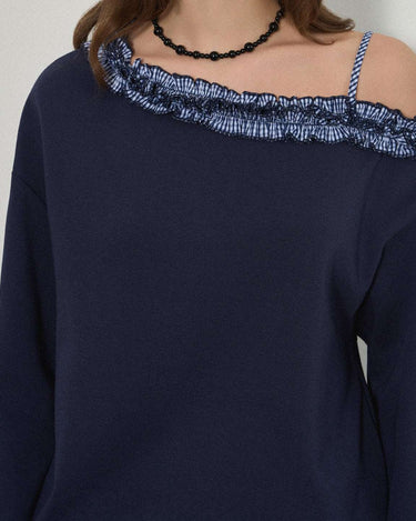 Chic Off-Shoulder Casual Set with Navy Plaid Lace Trim