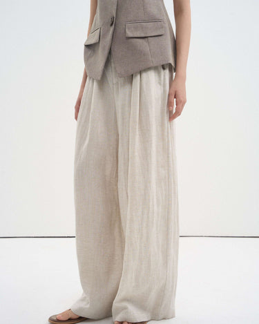 Linen Blend Textured Pleated Wide-Leg Pants