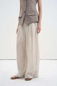 Linen Blend Textured Pleated Wide-Leg Pants