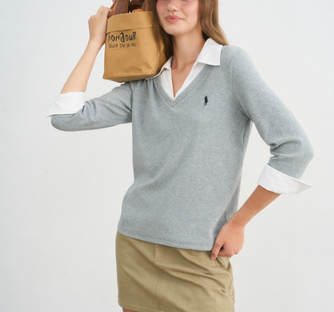 Embroidered Shirt Collar Sweater Top
