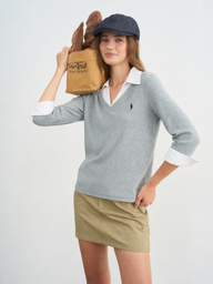 Embroidered Shirt Collar Sweater Top