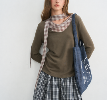 Checkered Ribbon Mock Two-Piece Blouse