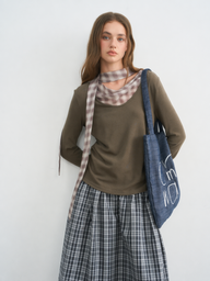 Checkered Ribbon Mock Two-Piece Blouse