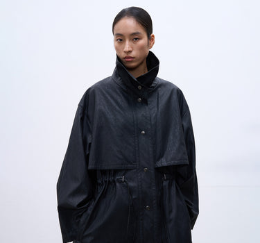 Mid-Length Drawstring Stand Collar Leather Jacket