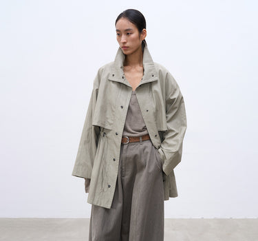 Mid-Length Drawstring Stand Collar Leather Jacket