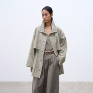 Mid-Length Drawstring Stand Collar Leather Jacket