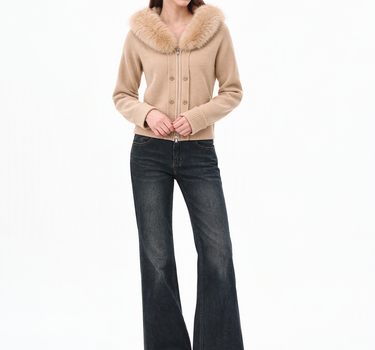 Double-Breasted Knit Cardigan with Fur Collar