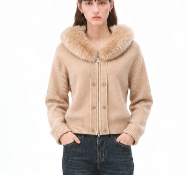 Double-Breasted Knit Cardigan with Fur Collar
